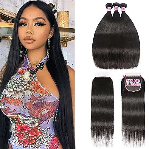 UNICE Hair HD Lace Closure 5x5 Human Hair Lace Closure with 3 Bundles, Peruvian Straight Hair 100% Transparent Lace Closure Invisible Knots 16 + 16 + 18 + 20 inch - new