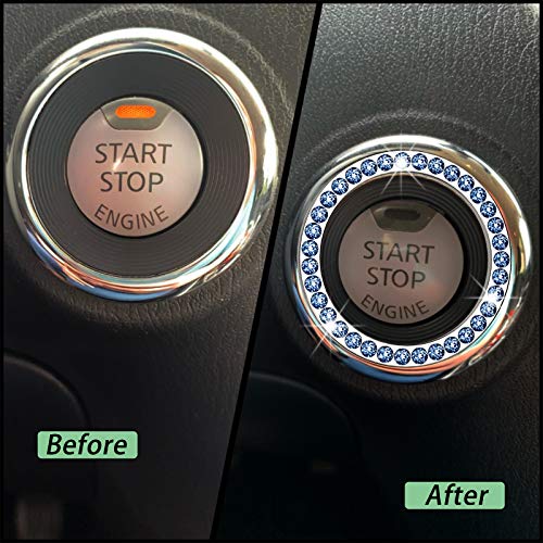 Anourney 4PCS Blue Bling Crystal Rhinestone Car Engine Ignition Button Ring, Car Emblem Sticker, Car Interior Accessory Decoration for Push to Start Button Cover, AC Control Knob,Car Shift C