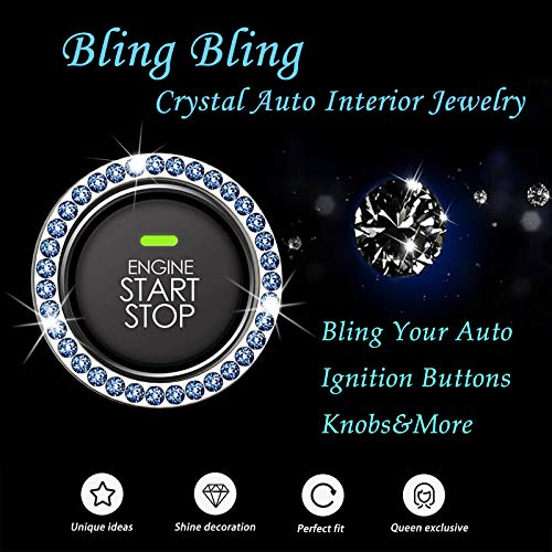 Anourney 4PCS Blue Bling Crystal Rhinestone Car Engine Ignition Button Ring, Car Emblem Sticker, Car Interior Accessory Decoration for Push to Start Button Cover, AC Control Knob,Car Shift C