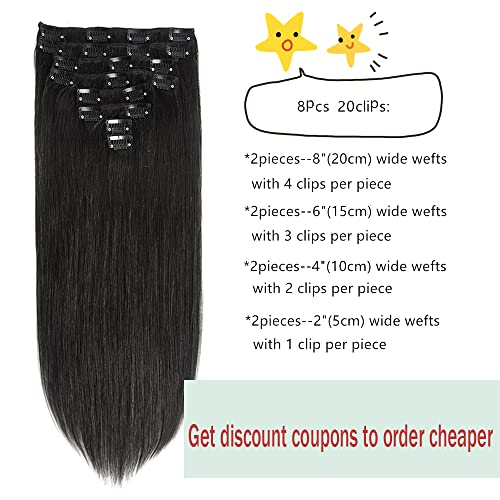 Hair Extensions Clip in Human Hair Extensions 24inch Jet Black Clip in Hair Extensions Real Human Hair Double Weft Brazilian Soft Silky Straight Hair 100% Real Human Hair Clip in Extensions
