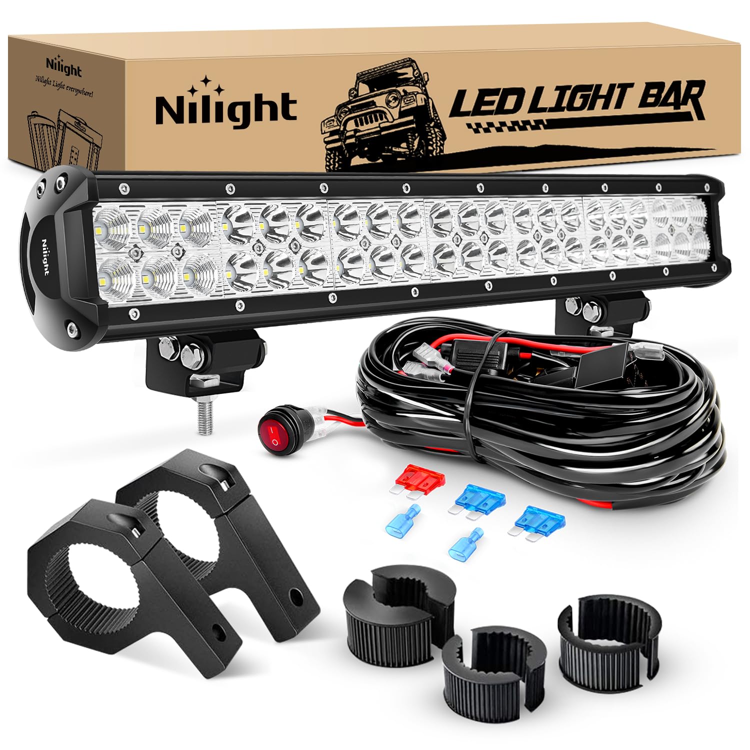 Nilight 20 Inch 126W Spot Flood Combo LED Light Bars Off-Road Light Mounting Bracket Horizontal Bar Tube Clamp with Off Road Wiring Harness, 2 Years Warranty - new